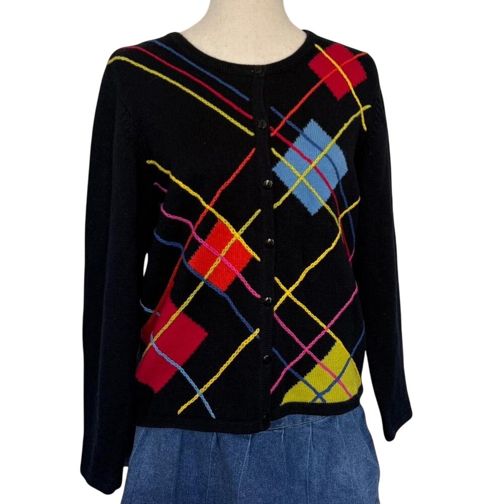 Vtg Retro 90s black cardigan with colorful plaid pattern - Marisa Christina
